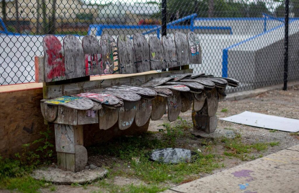 The bench is crafted using skateboard decks in memory of Matt Hughes - Myrtle Beach South Carolina Skateparks.